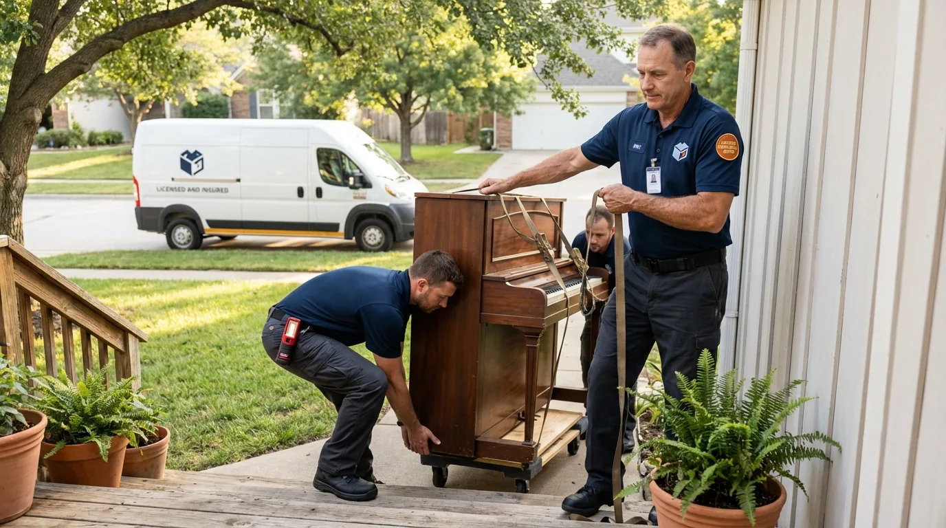 Licensed piano movers securing grand piano in Sitka, AK