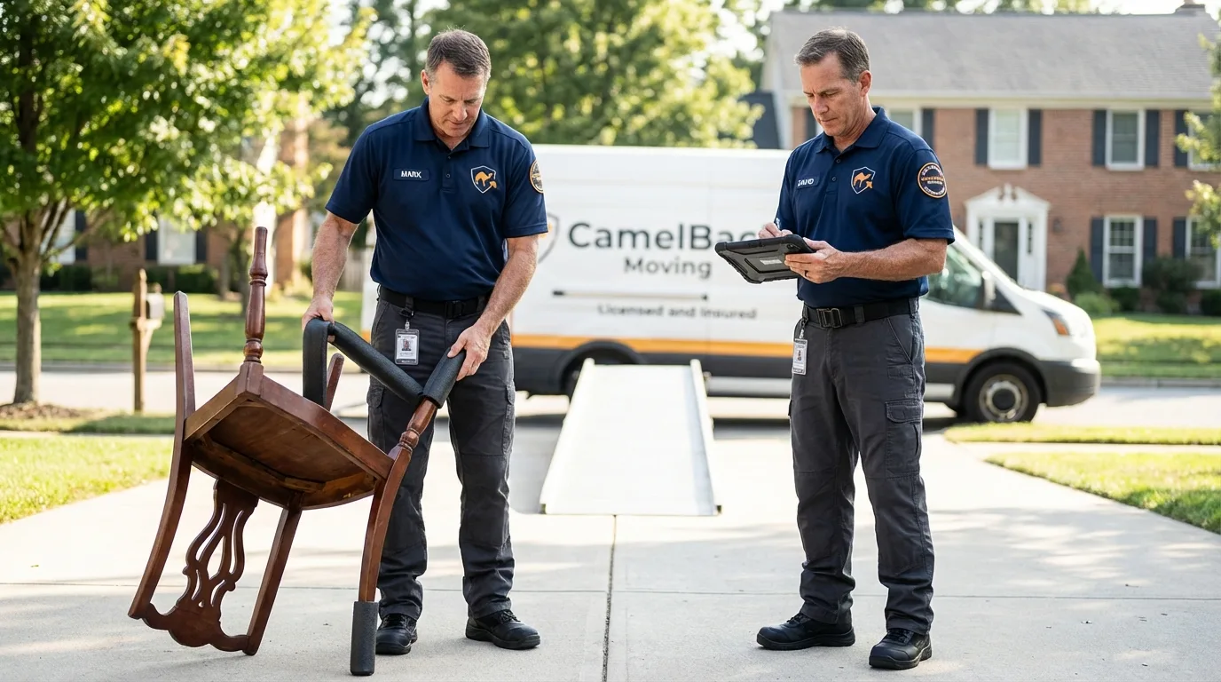 Movers inspecting furniture for damage prevention before loading in Sitka, AK