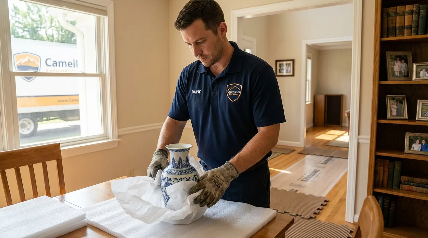 Professional crew carefully wrapping antique vase for senior downsizing move in Sitka, AK